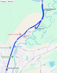 Map of durango transit path from the Durango High School Transit Stop to the Rocodo Del Rio Transit Stop at Oxbow Park